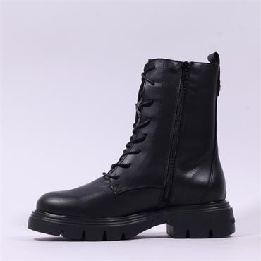 Wonders Bones Lace Military Boot - Black Leather
